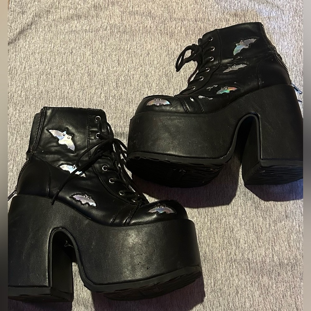 Black Platform Demonias with Bat Design